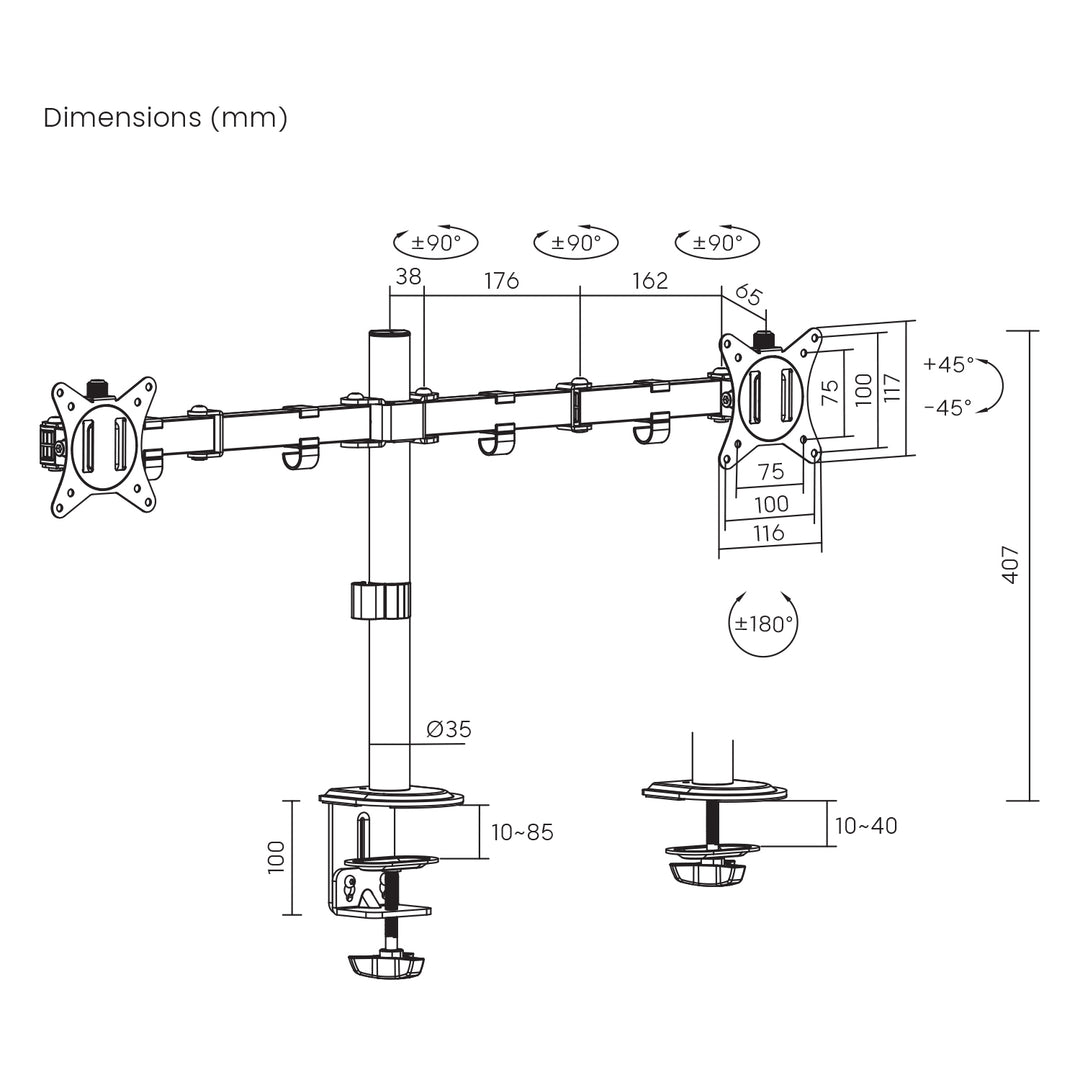 Suporte de secretária para monitor duplo Maclean MC-754N, VESA 75x75 e 100x100, 17-32", carga máxima 2 x 9 kg