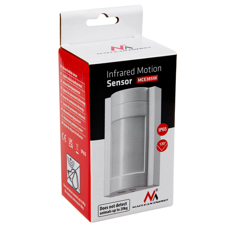 Detetor de movimento infravermelho PIR externo Maclean MCE385 W, imune a animais de estimação, máx. 1200 W, IP65