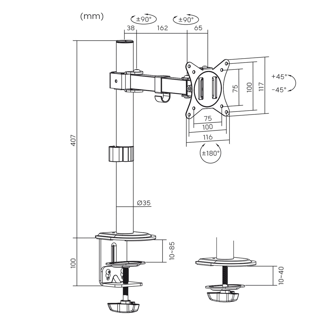 Suporte de secretária para monitor LCD Maclean MC-572N, braço único, VESA 75x75 e 100x100, 17-32", 9 kg