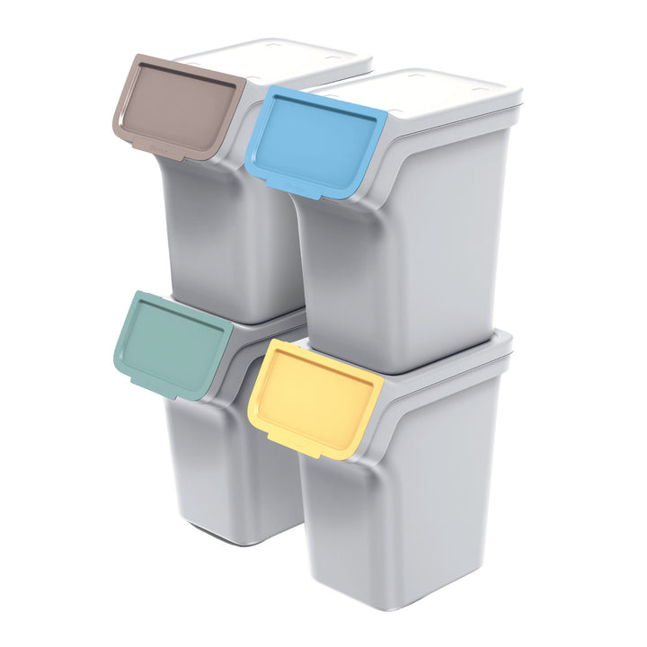Conjunto de contentores de reciclagem Keden Stackbox com sistema de separação de resíduos, 4 x 20 litros, cinzas