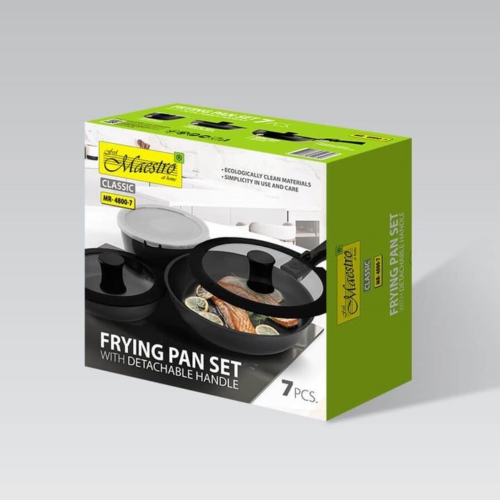 Maestro - Conjunto de frigideiras de 7 peças, frigideira Ø 18 com tampa de plástico, frigideira Ø 20 com tampa de vidro, frigideira funda Ø 26 com tampa de vidro, revestimento antiaderente, pega amovível