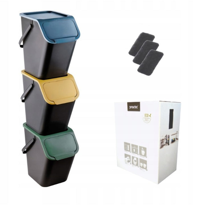 Conjunto de 3 contentores de lixo Practic Bini, empilháveis, com tampa de clique, separador de resíduos de cozinha, 3x25L com filtro