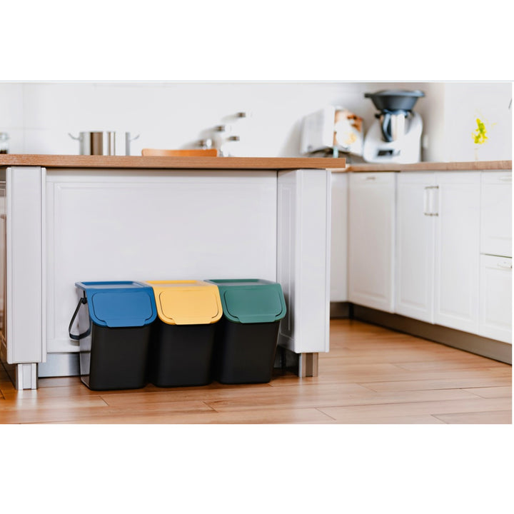 Conjunto de 3 contentores de lixo Practic Bini, empilháveis, com tampa de clique, separador de resíduos de cozinha, 3x25L com filtro