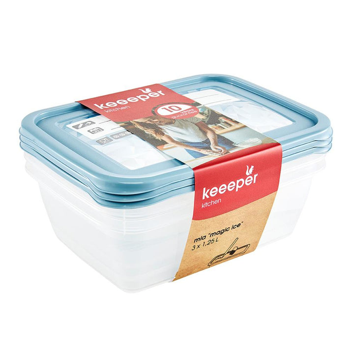 keeeper Set de 3 recipientes para congelación, Tapa con etiqueta reutilizable, 3 x 1,25 L, 20,5 x 15,5 x 6,5 cm, Mia Magic Ice, Azul Nordic