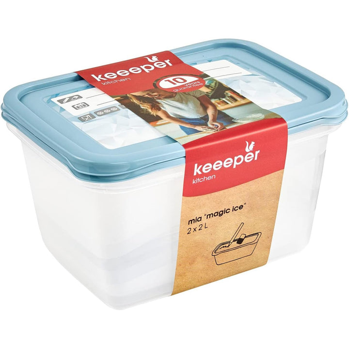 Conjunto de 2 recipientes para congelador Keeper, tampa com etiqueta reutilizável, 2 x 2 L, 20,5 x 15,5 x 10,5 cm, Mia Magic Ice, azul nórdico