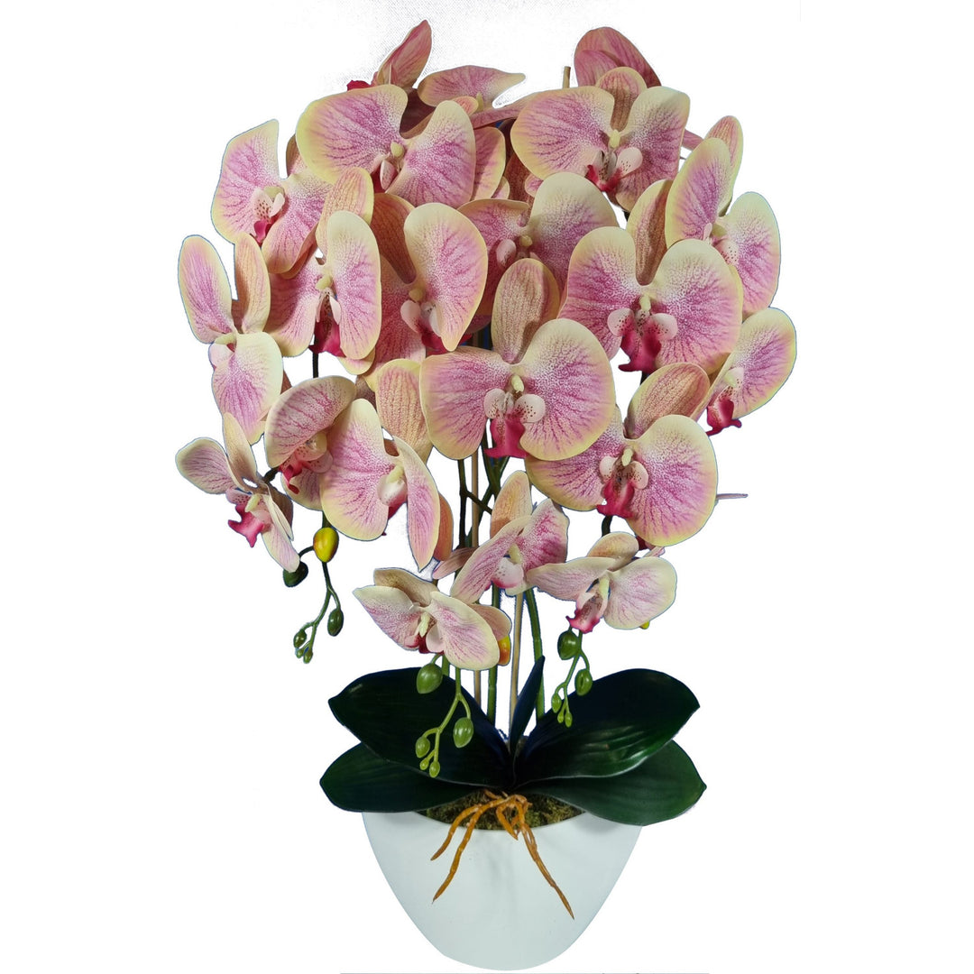 Orquídea artificial Damich, 3 hastes, cor de chá, borracha, 3 folhas