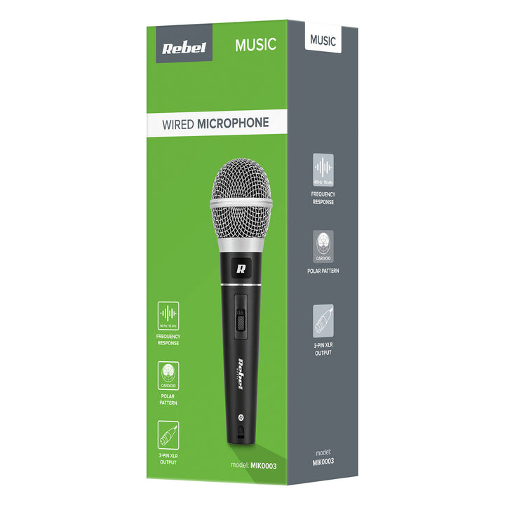 Microfone dinâmico Rebel DM-604 + case, cabo XLR - Jack 6,3 mm
